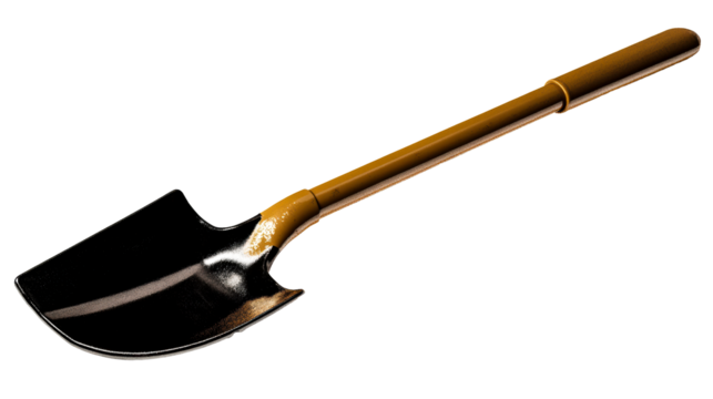 Black metal garden spade with brown handle