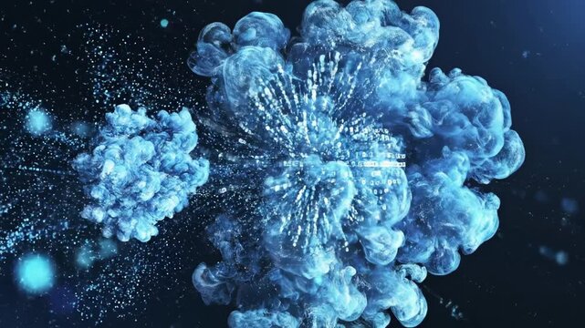 Abstract blue fluid art piece, swirling cloud-like formation with particles against a dark background - Powered by Adobe