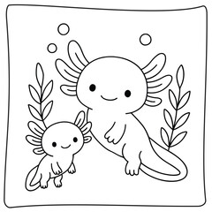 Cute axolotl family coloring page with aquatic plants and bubbles in black and white line art