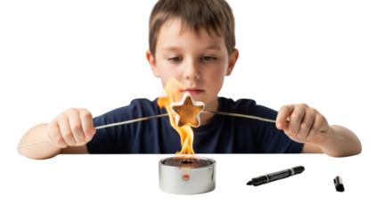 Young boy creating a perfectly toasted star marshmallow over a small flame for a delightful treat experience