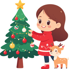 A cute cartoon girl in a red sweater decorates a Christmas tree with her little reindeer friend.