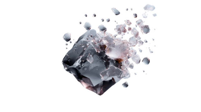 Fractured crystal shards and liquid splashing against white