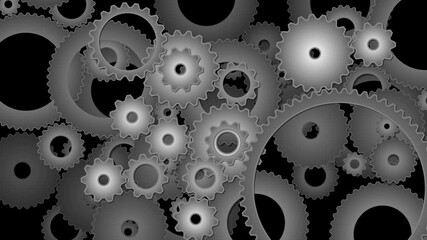 loopable rotating interlocking mechanical gears and cogs in various sizes and shades of gray and white set against a solid black background - Powered by Adobe