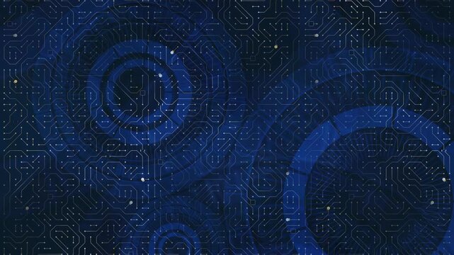 Loopable abstract motion background of dark blue circuit board patterns with white traces and large rotating translucent wheels, dynamic data flow and hidden processes at work