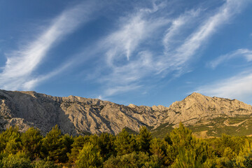 Biokovo Mountains and olive grove against the sky. Mountain landscape, Croatia. Copy space.