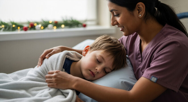Caring nurse watching over a sleeping child patient in a hospital bed. Compassionate healthcare worker comforting a sick boy during the New Year holiday season - Powered by Adobe