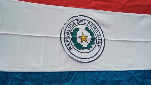 A detailed close-up of the national emblem of Paraguay displayed on a flag. The emblem represents the country's identity, history, and cultural heritage in detail.