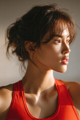 Close-up of Asian woman sport girl wearing athletic outfit, confident look and natural light, showing strength, health, and active lifestyle concept.