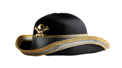 Black pirate hat with golden skull emblem and ornate trim