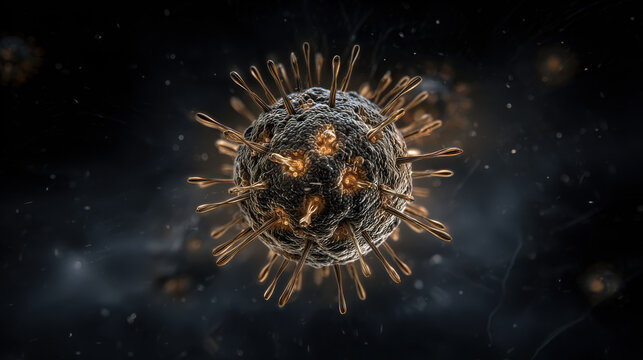 Microscopic view of a virus particle in a dark, ominous setting. A detailed visualization of a virus, presented in a dark, atmospheric environment, highlighting its complex structure.
