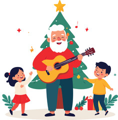 A cheerful man playing guitar for two happy children in front of a decorated Christmas tree, celebrating the festive season.