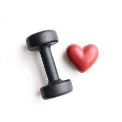 Black dumbbell and red heart on white background symbolizing healthy lifestyle, fitness motivation and cardiovascular wellbeing