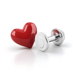 Shiny red heart and chrome dumbbell on white background symbolizing healthy lifestyle, love for fitness, and cardiovascular wellness