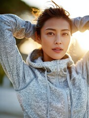 Asian woman stretching arms overhead in morning sunlight, cinematic outdoor fitness moment with warm tones and soft depth, health and lifestyle concept.