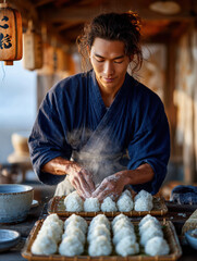 Candid young japanese man shaping onigiri rice balls at outdoor street stall, bamboo trays filled with wrapped rice balls in traditional setting