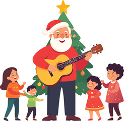 Santa Claus plays guitar and sings Christmas carols with children near a decorated tree.