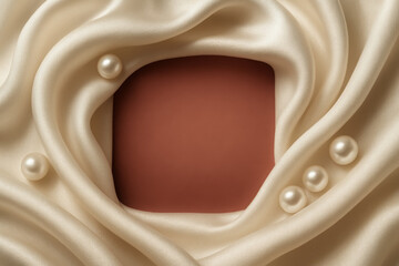 Elegant fabric with pearls surrounding a blank square for beauty product display on soft cream background