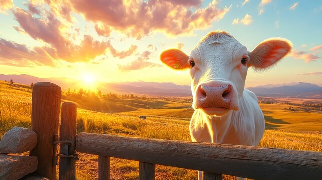 Charming Simmental Calf Peering Through an Old Rustic Gate in a Picturesque Golden Meadow Landscape