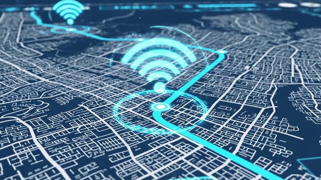 Digital map with WiFi symbols, illustrating network coverage in a city with glowing lines