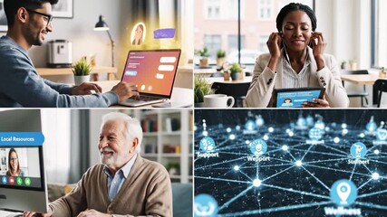 Diverse people use technology laptops, tablets, and video calls with interconnected graphics - Powered by Adobe