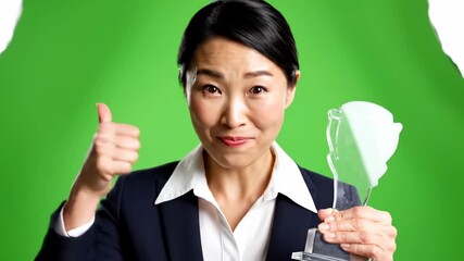 Happy Asian Businesswoman Celebrating Success with a Trophy on Green Screen.