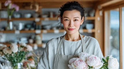Candid japanese woman arranging flowers in a small local flower studio, natural wood interior, peaceful and artistic floral arrangement atmosphere