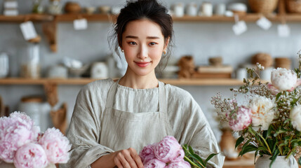 Candid japanese woman arranging flowers in a small local flower studio, natural wood interior, peaceful and artistic floral arrangement atmosphere