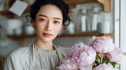 Candid japanese woman arranging flowers in a small local flower studio, natural wood interior, peaceful and artistic floral arrangement atmosphere