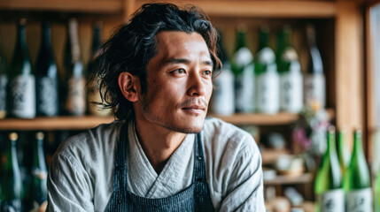Candid japanese man owner arranging bottles of sake in small traditional shop, warm late afternoon light through noren curtain, wearing white shirt and dark apron, authentic local business atmosphere