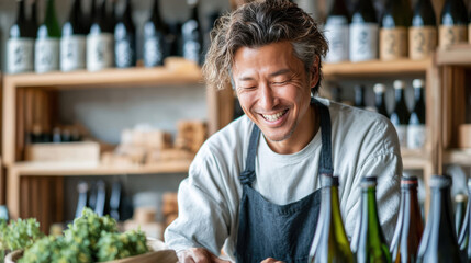 Candid japanese man owner arranging bottles of sake in small traditional shop, warm late afternoon light through noren curtain, wearing white shirt and dark apron, authentic local business atmosphere