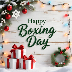 Happy Boxing Day 26 December celebration graphic, Gold and white gift box with heart balloons, Festive holiday greeting social media post, Luxury post-Christmas sale design, December 26 shopping event