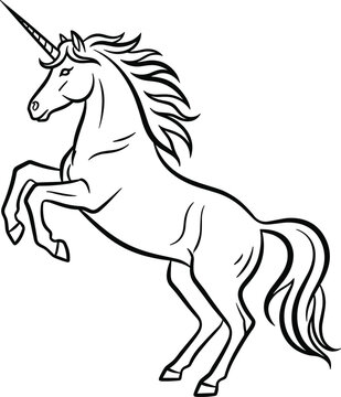 Hand Drawn Unicorn Rearing Up Outline Sketch Vector Illustration