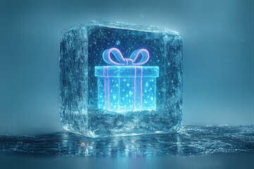Frozen gift box with vibrant ribbon in ice creates a captivating visual display of surprise and winter enchantment