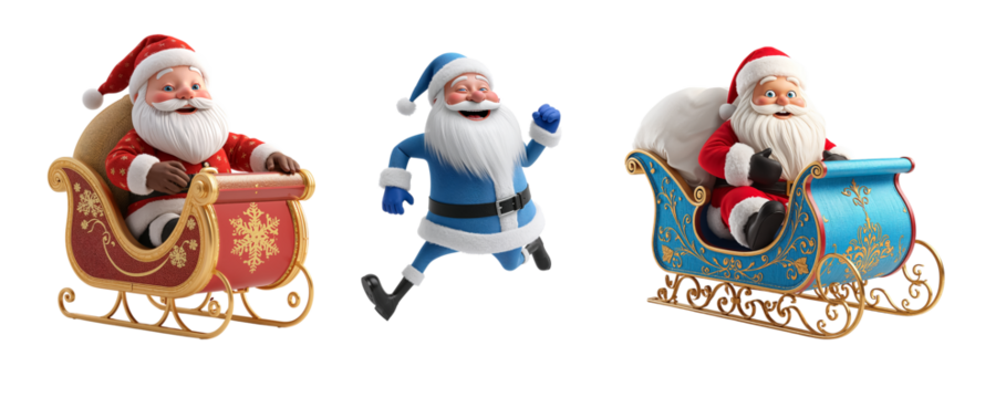 Happy 3D cartoon Santa on a sleigh isolated on a transparent background