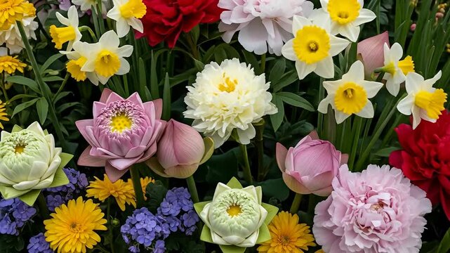 A vibrant bouquet with daffodils, lotuses, peonies, and petite blue and yellow flowers