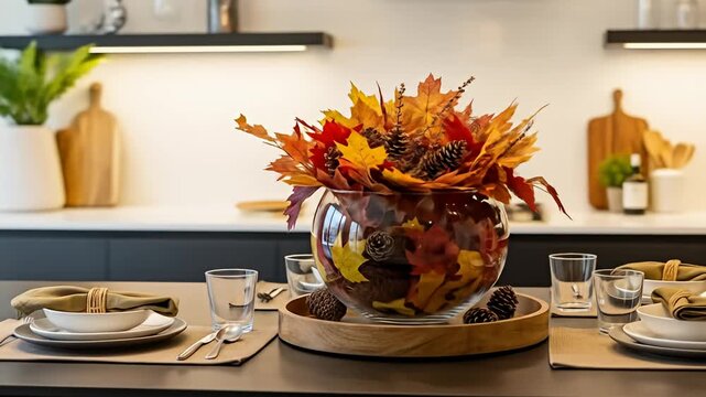 Fall-themed dining table setting with colorful leaves and pine cones in the kitchen