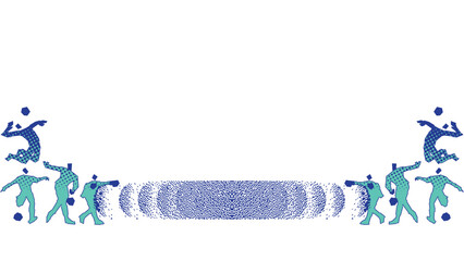 Happy family jumping in the air with colorful striped socks on their bright blue legs