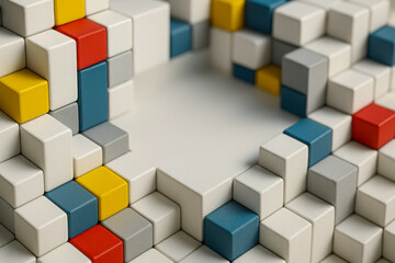 Colorful construction of interlocking blocks forms a unique design in a creative workspace