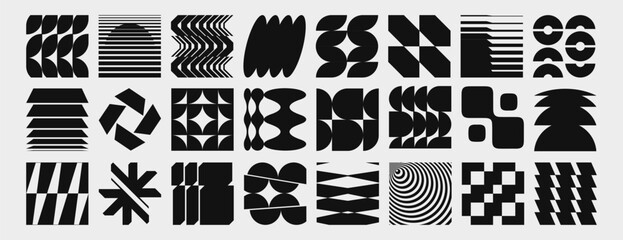 Plakat Brutalist y2k shape collection with abstract geometric elements in black and white. Vector set of circles and zigzags, stripes and spirals, wavy lines and brutalism inspired forms for modern design.
