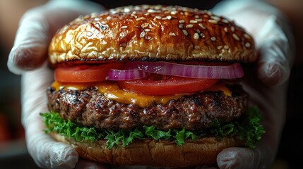 Hands Holding Lab-Grown Burger Patty with Fresh Ingredients, Close-Up