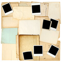Timeless Nostalgia: A collage of aged documents and instant photograph frames. A visual testament to moments, memories.