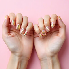 Female hands with gold detailed nail art, clean pastel background, luxury beauty concept.