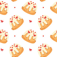 Vector Easter pattern with decorative bows and festive ornaments. Seamless spring design with pastel colors, eggs, ribbons and floral elements. Minimalist style, isolated on white background, perfect 