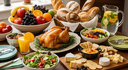 A vibrant and bountiful dining table with a diverse spread of delicious food roasted chicken, fresh salads, artisan breads, fruits, and appetizers for a festive meal