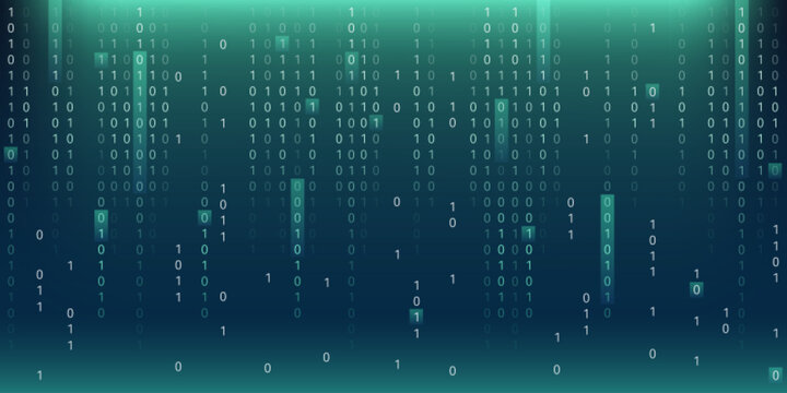 Binary code matrix on green cyber background with falling digital numbers and data streams. Technology concept displaying computer programming or information symbols in glowing turquoise gradient
