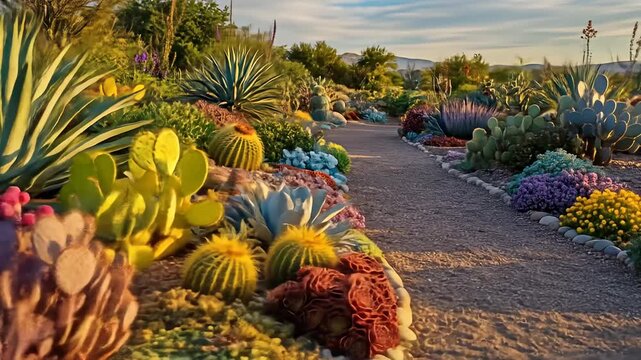 A garden path winds through desert flora, showcasing colorful succulents in the sunset light
