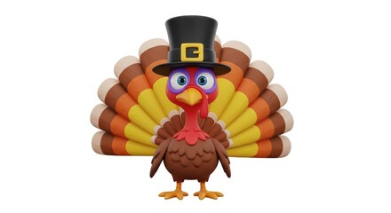 Cute Cartoon Turkey Wearing Pilgrim Hat, Thanksgiving Holiday Character