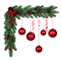 Festive Corner Decoration: A vibrant and cheerful corner decoration. Adorned with lush green evergreen boughs, crimson ornaments, and playful ribbons.