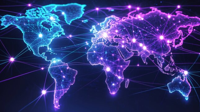 Global network connection concept showing the world map with nodes and connection lines