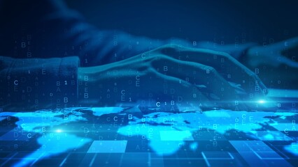 Hands Typing in Digital Blue Light with Futuristic Global Overlay